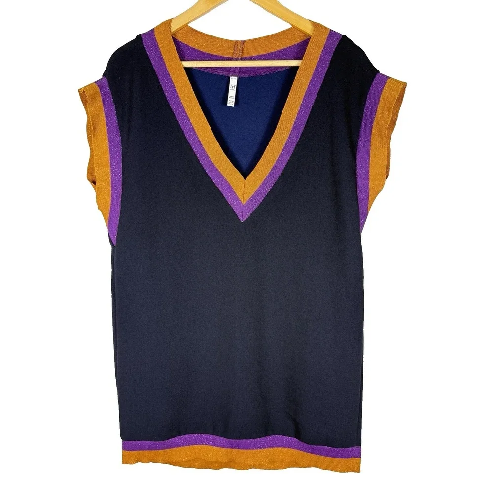 Zara V-neck Metallic Stripe Knit Long Vest‎ Womens XS Academia Preppy School
